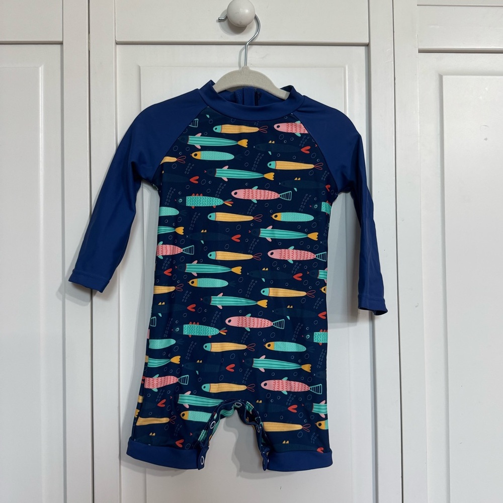 Baby Long Sleeve Bathing Suit Sz 6-9 Months with Fish Print - Blue